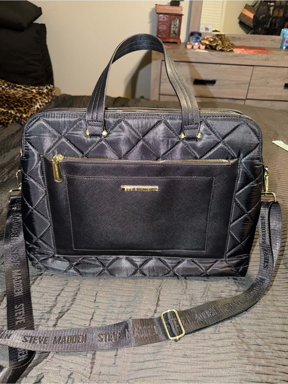Steve Madden Black Quilted Laptop Bag with Gold Hardware